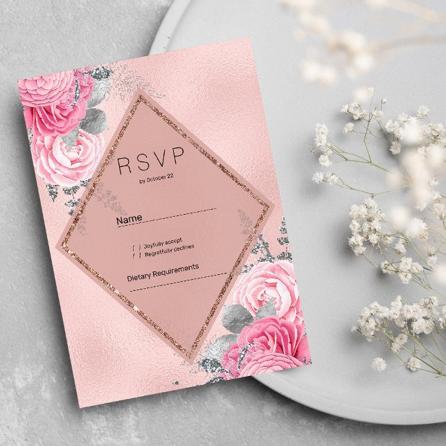 Blush pink silver glitter peony floral RSVP  Inbjudningar (Blush pink silver glitter peony floral RSVP )