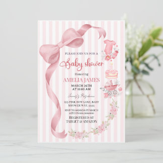 Blush Pink Striped Coquette Bow Girl Baby Shower Inbjudningar