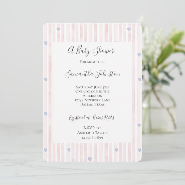 Blush Pink Stripes Blue Hearts Baby Shower Inbjudningar (Stående Fram)