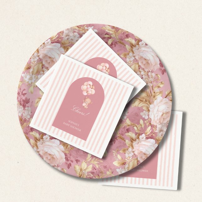 Blush pink stripes, teddy bear balloon pappersservett (Skapare uppladdad)