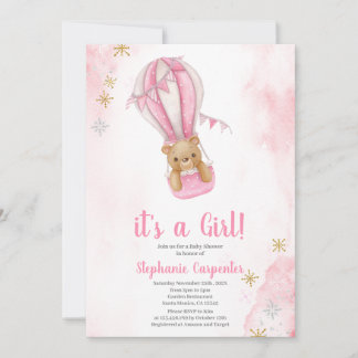 Blush pink teddy bear Baby Shower Girl Invitation Inbjudningar