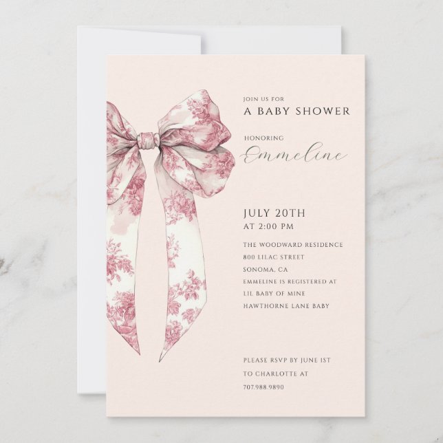 Blush Pink Toile Bow Baby Shower  Inbjudningar (Framsida)