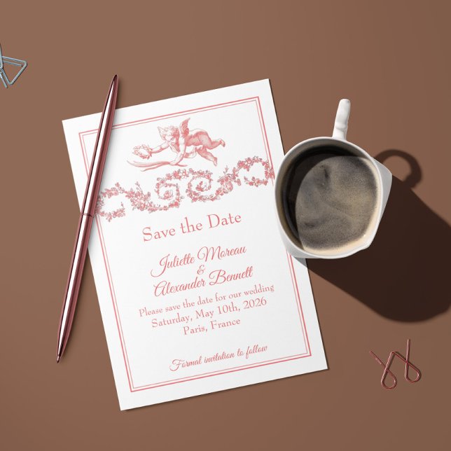 Blush Pink Toile de Jouy Paris Save the Date Card Spara Datumet (Skapare uppladdad)