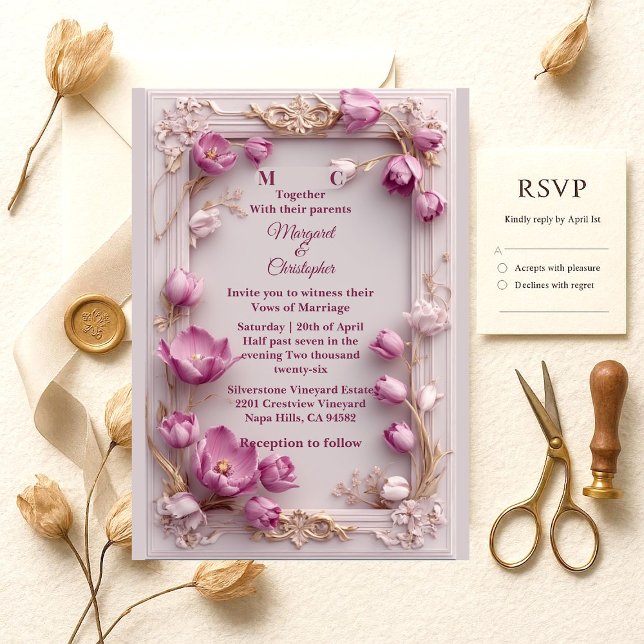 Blush Pink Tulips Baroque Opulent Ivory Wedding  Inbjudningar (Blush Pink Tulips Baroque Opulent Ivory Wedding Invitation)