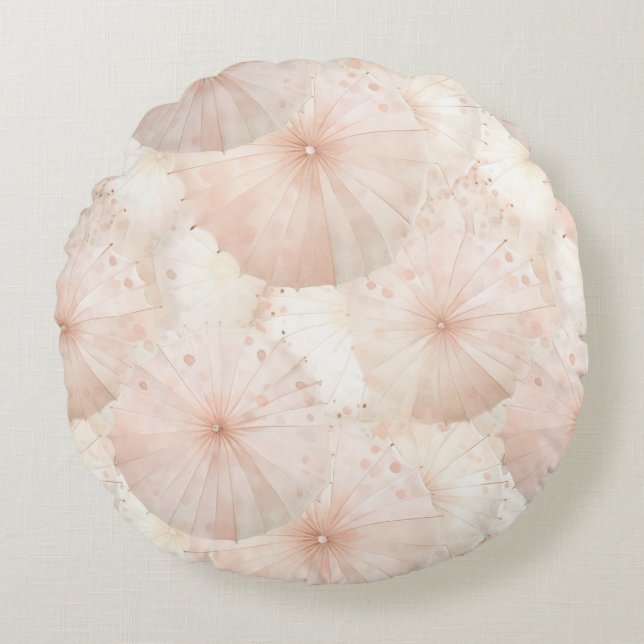 Blush Pink Umbrellas Stripes Rund Kudde (Framsidan)