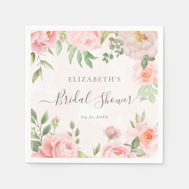 Blush Pink Watercolor Floral Peony Bridal Shower Pappersservett (Framsidan)