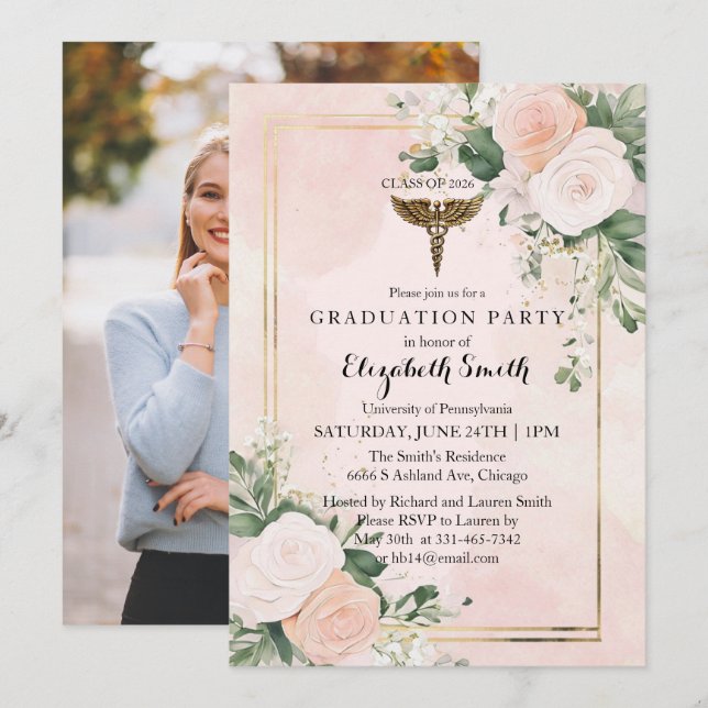 Blush Pink Watercolor Nursing Graduation Invitatio Inbjudningar (Fram/baksida)