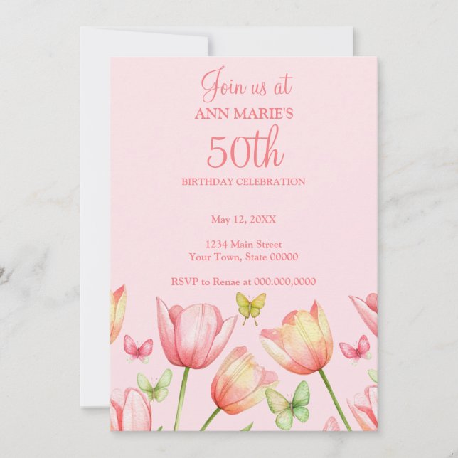 Blush Pink Watercolor Tulips 50th Birthday Party  Inbjudningar (Framsida)