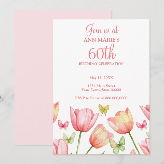 Blush Pink Watercolor Tulips 70th Birthday Party  Inbjudningar (Fram/baksida)