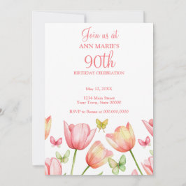 Blush Pink Watercolor Tulips 90th Birthday Party  Inbjudningar