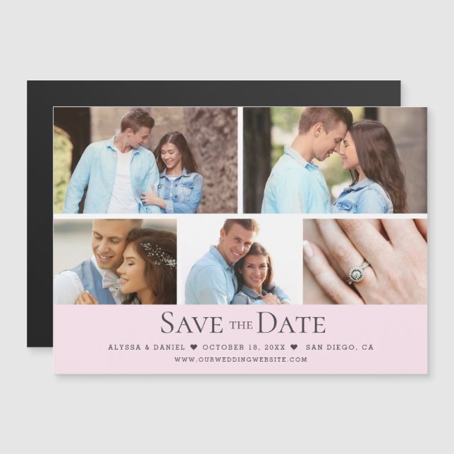 Blush pink Wedding Save the Date Photo Grid  Magnetisk Inbjudningskort (Fram/baksida)