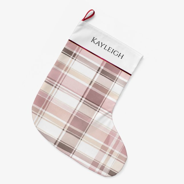Blush pink white burgundy plaid stripes Christmas Stor Julstrumpa (Framsidan (Hängande))