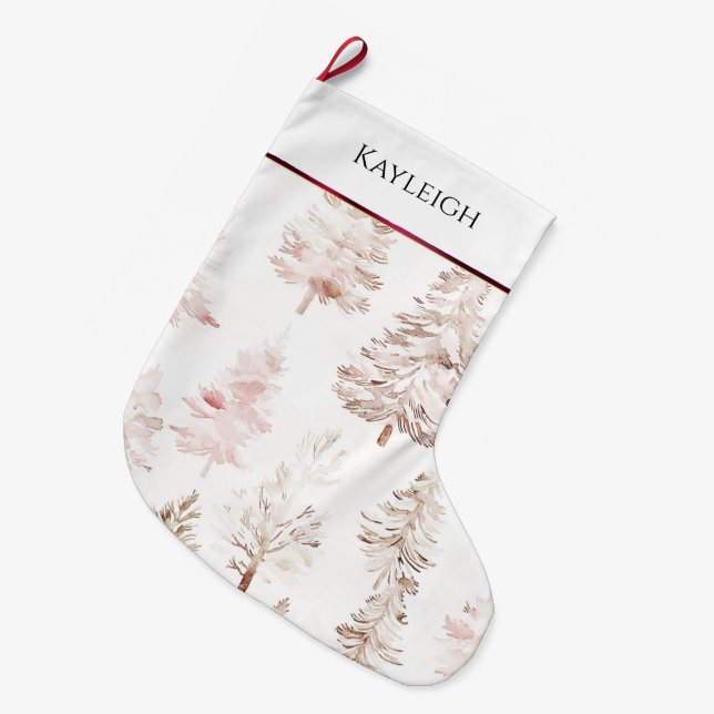 Blush pink white burgundy stripe Christmas trees Stor Julstrumpa (Framsidan (Hängande))