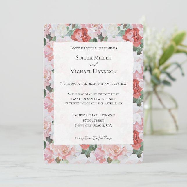 Blush Pink White Red Roses Floral Wedding Inbjudningar (Stående Fram)