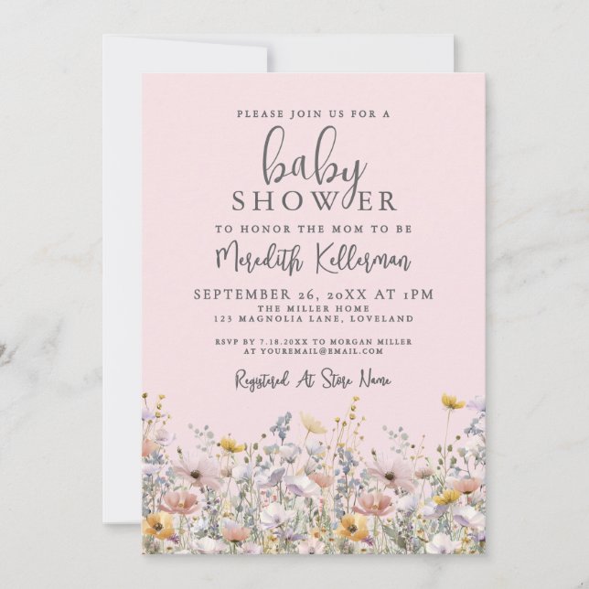 Blush Pink Wildflower Baby Shower Inbjudningar (Framsida)