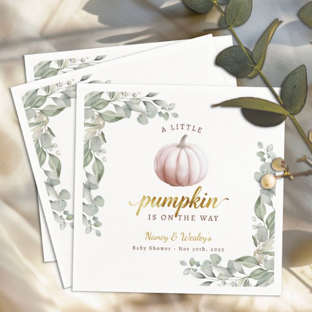 Blush Pumpkin Fall Baby Shower Paper Napkins Pappersservett (Little Pumpkin Baby Shower Napkins)