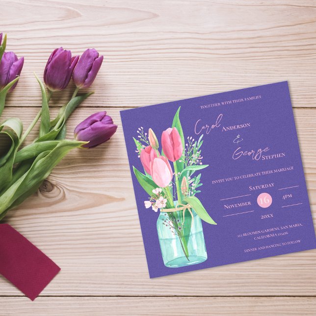 Blush & Purple Floral Mason Jar Wedding Invitation Magnetisk Inbjudningskort (Blush & Purple Floral Mason Jar Wedding Invitation)