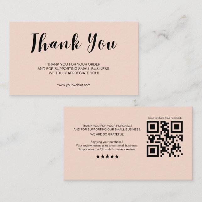Blush Review Request Thank You Card QR Business Visitkort (Fram/baksida)