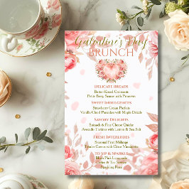 Blush Rococo Blommig Hjärt Galentine Brunch Meny Inbjudningar