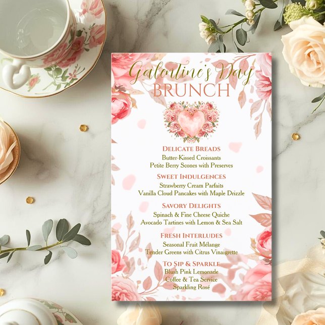 Blush Rococo Blommig Hjärt Galentine Brunch Meny Inbjudningar (Skapare uppladdad)