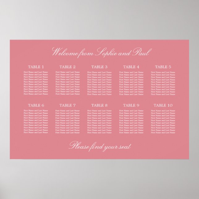 Blush Rosa 10 Bord Bröllops Sittplaneringsaffisch Poster (Framsidan)