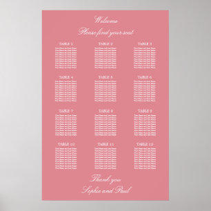 Blush Rosa 12 Bord Bröllops Sittplaneringsaffisch Poster