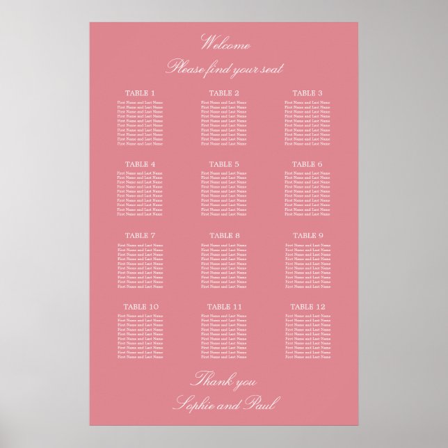 Blush Rosa 12 Bord Bröllops Sittplaneringsaffisch Poster (Framsidan)