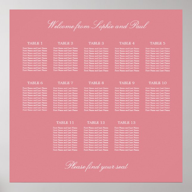Blush Rosa 13 Bord Bröllops Platsindelning Affisch (Framsidan)