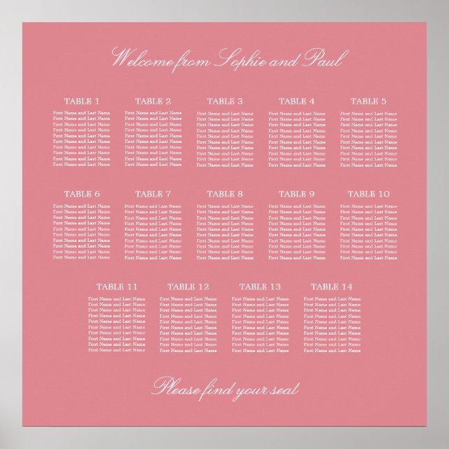 Blush Rosa 14 Bord Bröllops Placeringsplan Affisch (Framsidan)