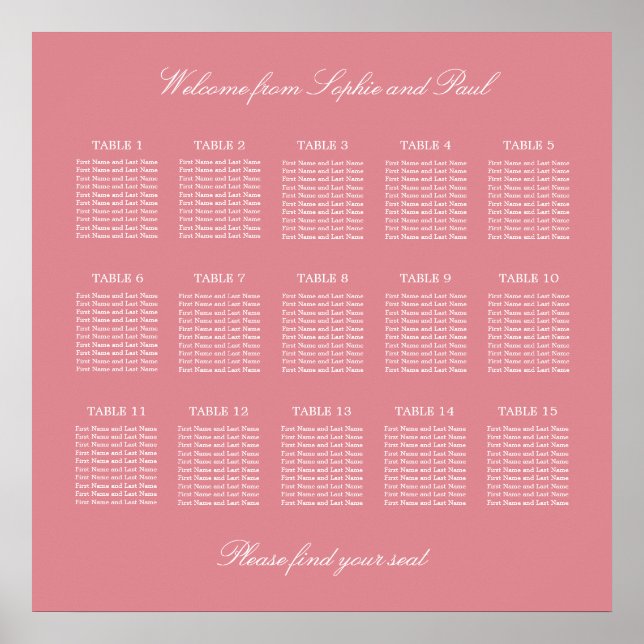 Blush Rosa 15 Bord Bröllops Sittplaneringsaffisch Poster (Framsidan)