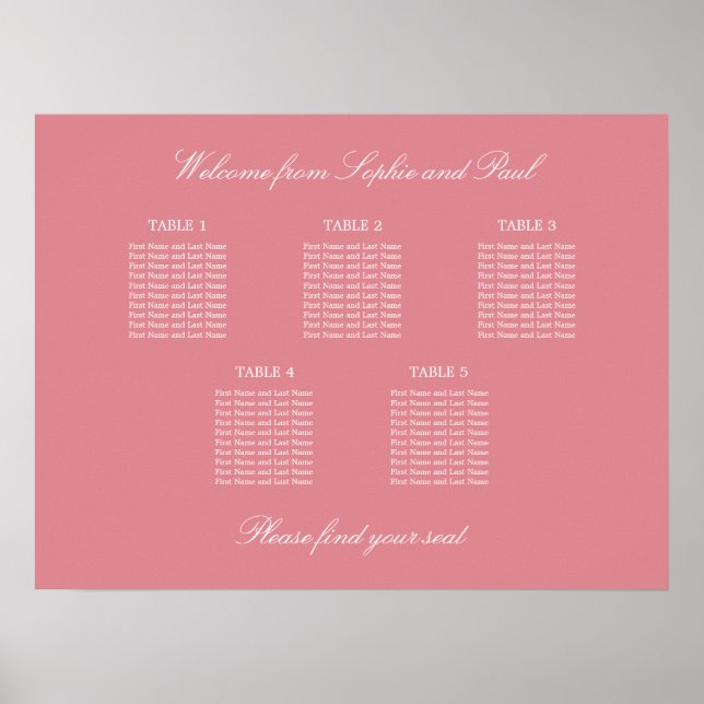 Blush Rosa 5 Bord Bröllops Placeringsplan Affisch (Framsidan)