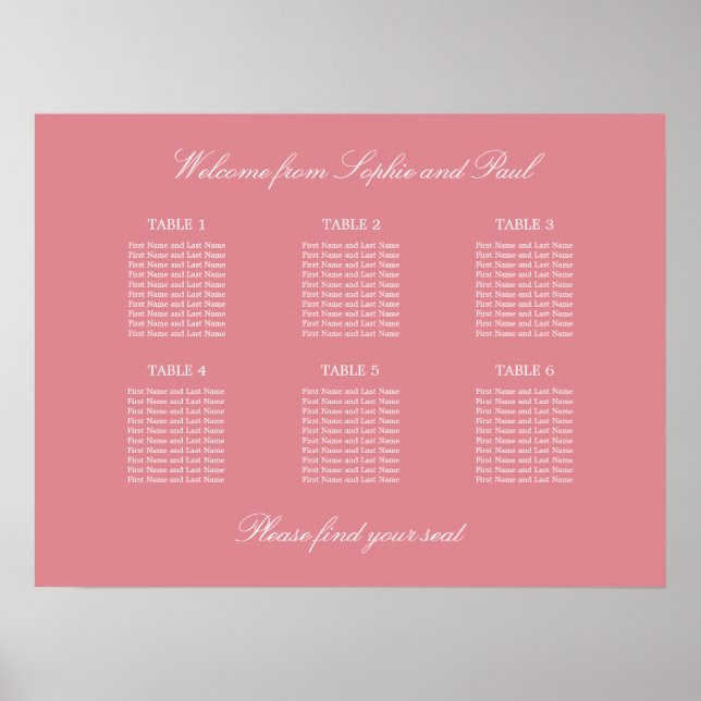 Blush Rosa 6 Bord Bröllops Placeringsplan Affisch (Framsidan)