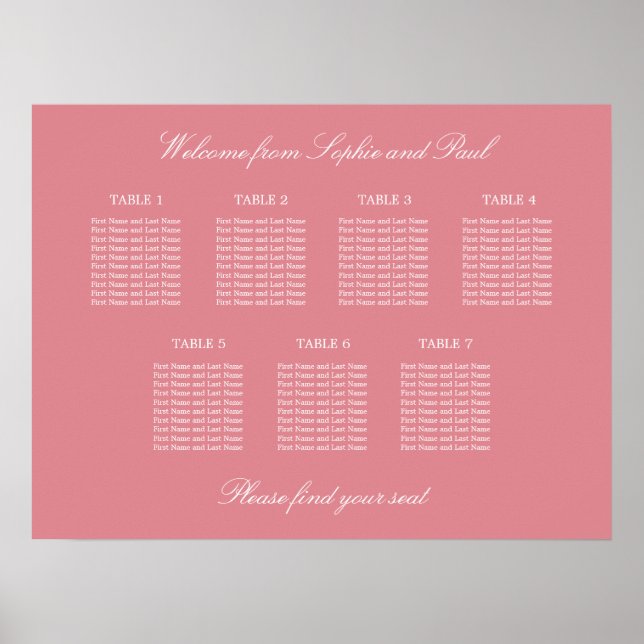 Blush Rosa 7 Bord Bröllops Sittplaneringsaffisch Poster (Framsidan)
