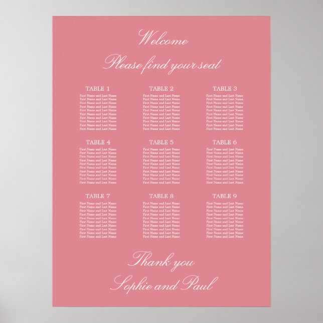 Blush Rosa 9 Bord Bröllops Placeringsplan Affisch (Framsidan)