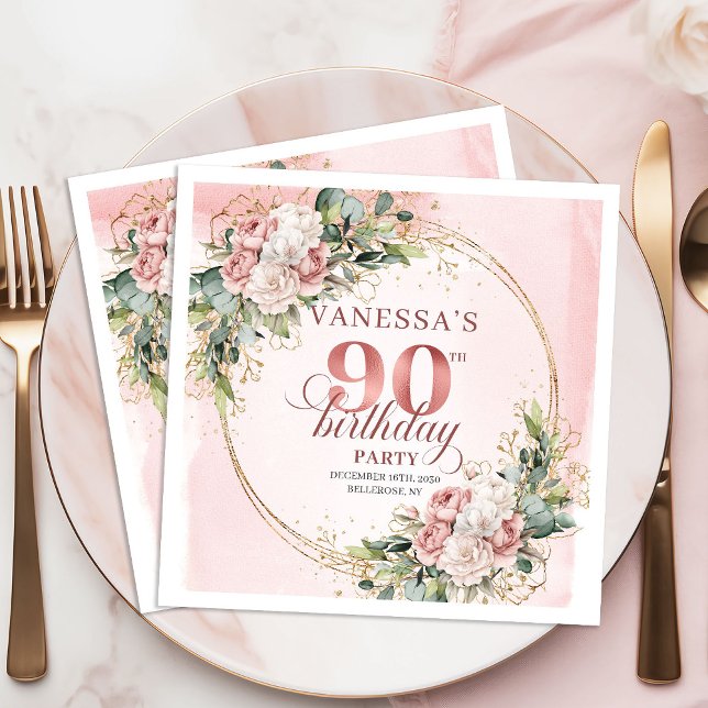 Blush Rosa Akvarell Blommig 90-årsfest   Pappersservett (Blush Pink Watercolor Floral 90th Birthday Party Napkins)