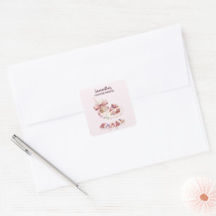 Blush Rosa Akvarell Patisserie Café Varumärke Fyrkantigt Klistermärke