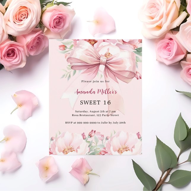 Blush rosa båge blommor Sweet 16 inbjudan (Skapare uppladdad)