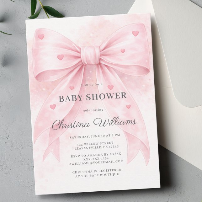 Blush Rosa Båge Hjärtan Baby Shower Inbjudan 🎀💕 (Skapare uppladdad)