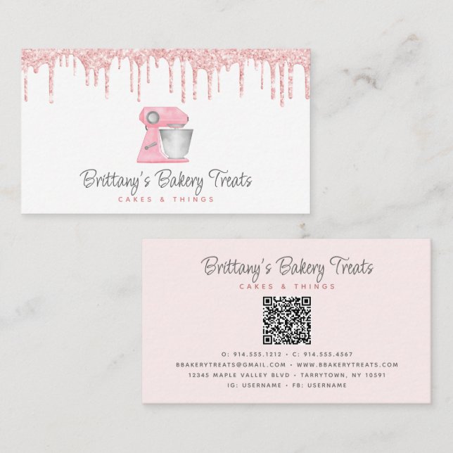 Blush Rosa Bakmix Glitterdroppar QR-kod Visitkort (Fram/baksida)