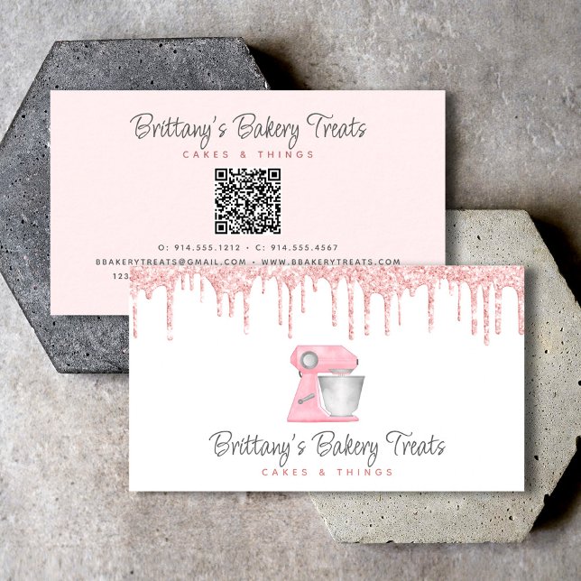 Blush Rosa Bakmix Glitterdroppar QR-kod Visitkort (Skapare uppladdad)