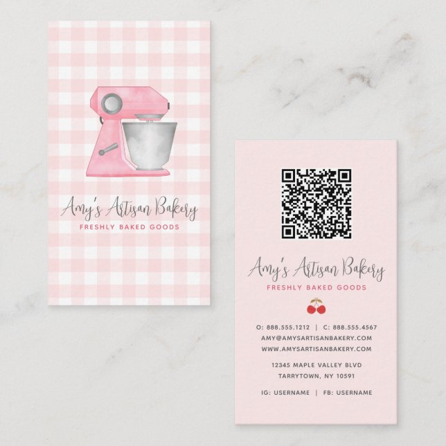 Blush Rosa Bakmixare Gingham Mönster QR Kod Visitkort (Fram/baksida)