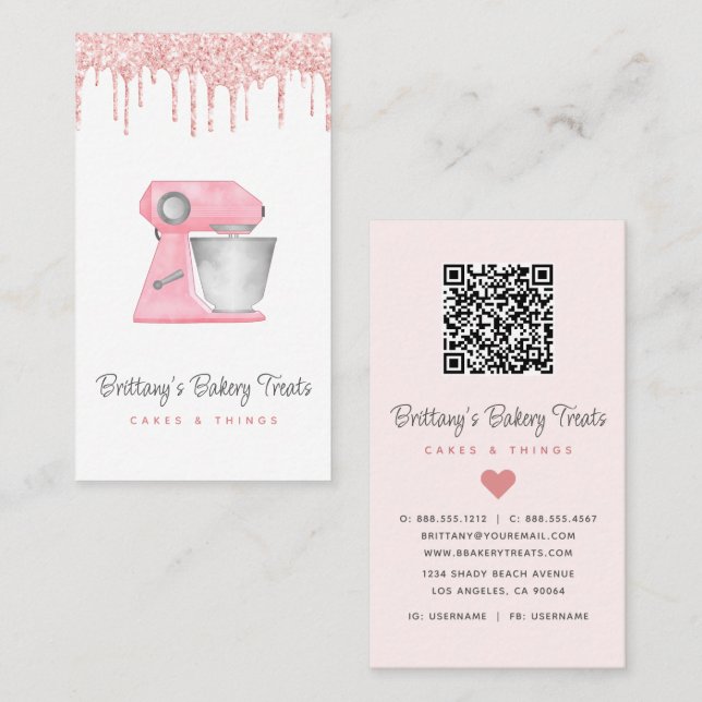 Blush Rosa Bakmixare Glitterdroppar QR-kod Visitkort (Fram/baksida)