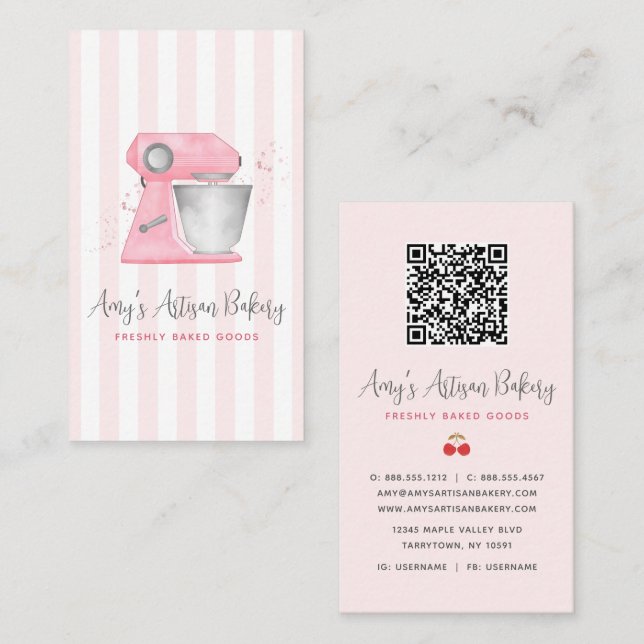 Blush Rosa Bakmixer Randigt Mönster QR-kod Visitkort (Fram/baksida)