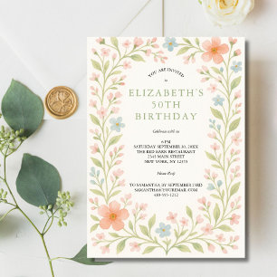 Blush Rosa Blå Salvia Grön Blommig Akvarell 50-års Inbjudningar