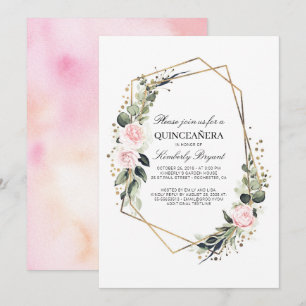 Blush Rosa Blomma och Guld Konfetti Quinceanera Inbjudningar