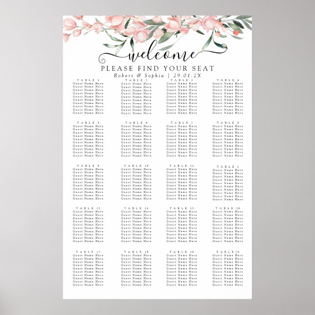 Blush Rosa Blommande Placeringsplan Poster (Framsidan)