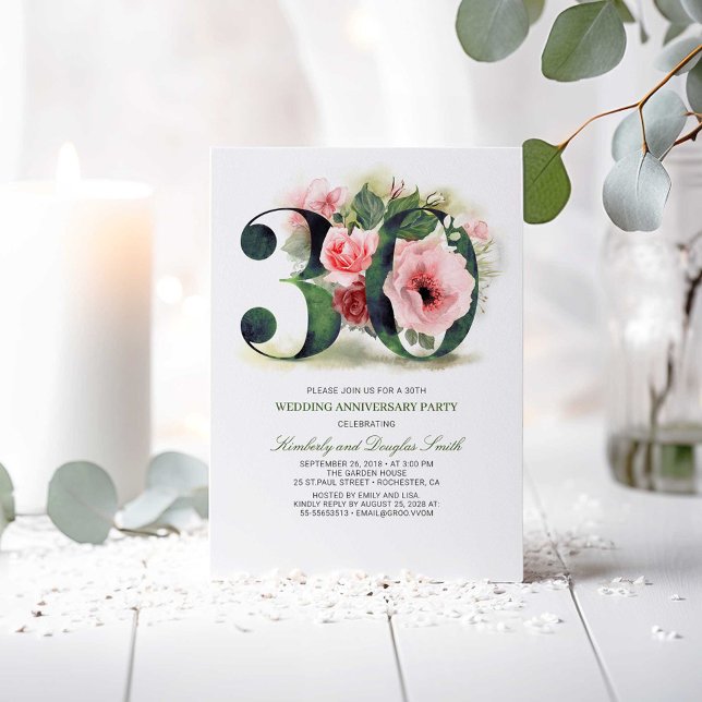 Blush Rosa Blommig 30-års bröllopsjubileum Inbjudningar (30th Wedding Anniversary Invitations)