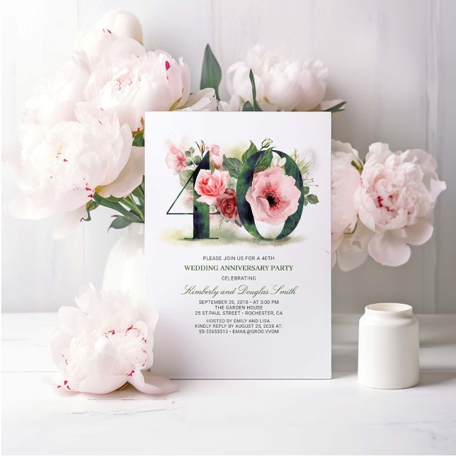 Blush Rosa Blommig 40-års bröllopsjubileum Inbjudningar (40th Wedding Anniversary Invitations)