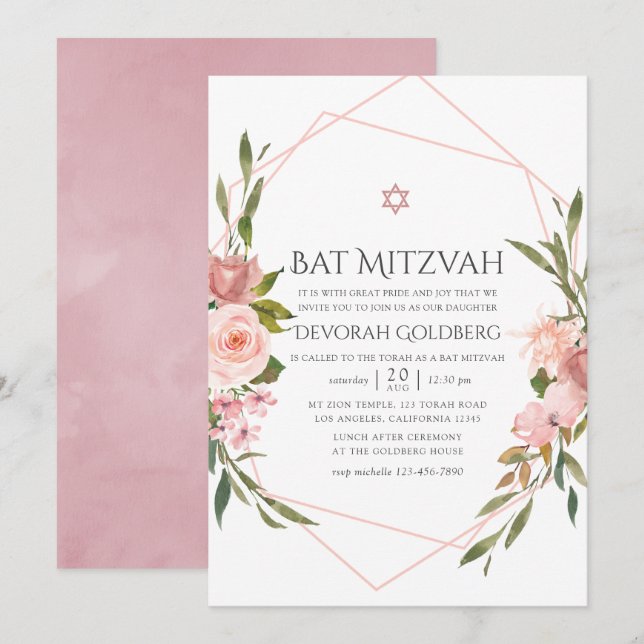 Blush Rosa Blommig Bat Mitzvah-inbjudan Inbjudningar (Fram/baksida)