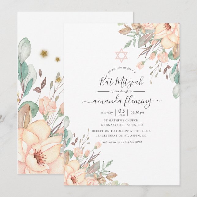 Blush Rosa Blommig Bat Mitzvah Inbjudningar (Fram/baksida)